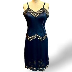 VINTAGE 80s nylon black lace cutout lingerie full slip dress midi nightgown Avon